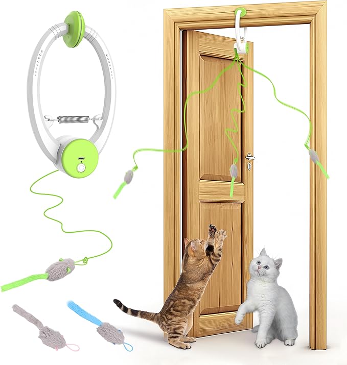 Cat Toys, Interactive Cat Feather Toys for Indoor Cats, Hanging Retractable Teaser Toy Kitten Play Chase Exercise, Automatic Kitten Mental Exercise Toys with Three Mices Plush Toys (Green)