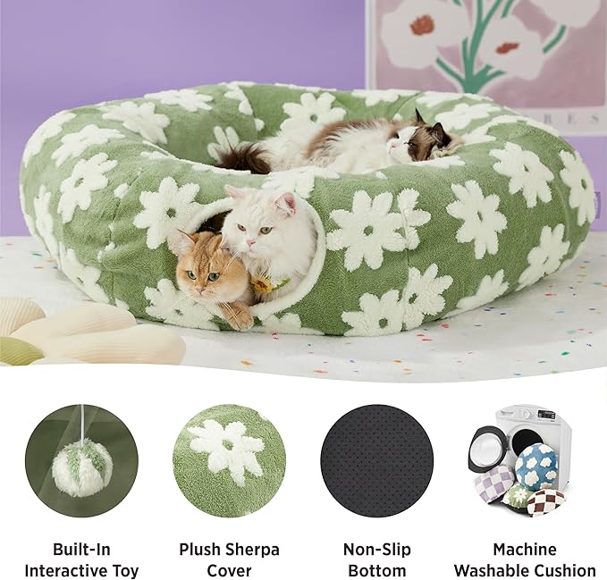 Lesure Large Cat Tunnel Bed for Indoor Cats - Cute Cat Donut Tunnel with Washable Circle Cushion, Round Pet Play Tunnel Toy for Kitten/Puppy/Rabbit,Green
