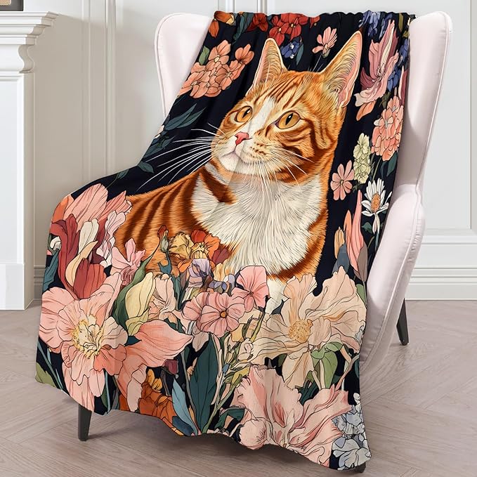 Aesthetic Floral Cat Blanket - Super Soft, Cozy, Lightweight Flannel Throw - Warm, Plush Blanket for Couch, Bed, Office, Travel, Outdoor Ideal Gift for Adult - 50×60in