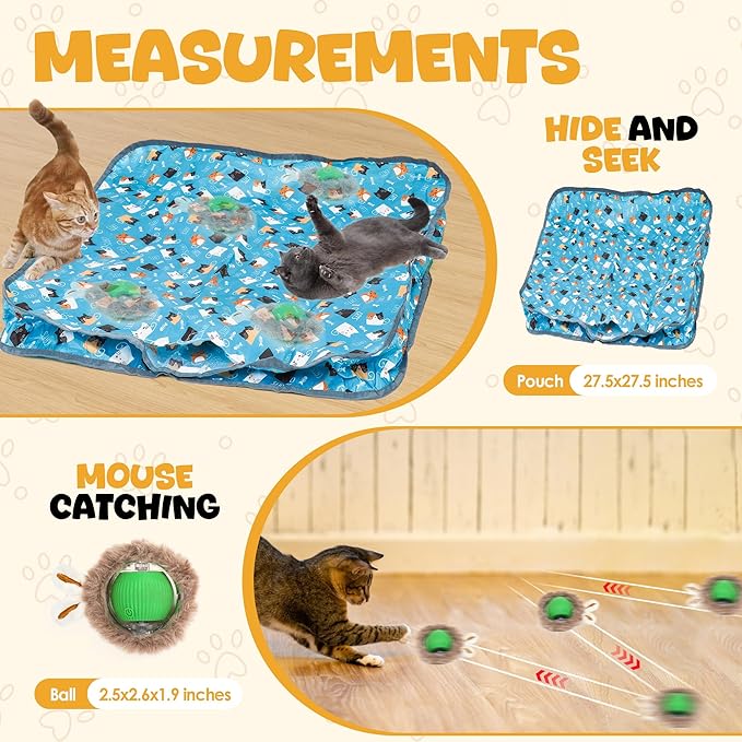 Cat Toys for Bored Indoor Adult Cats, 3rd Gen Interactive Cat Toy, Fast Rolling Ball in Play Mat, Cat Enrichment Toys for Indoor Cats, Hide and Seek Mouse Catching Game, Kitten Toys