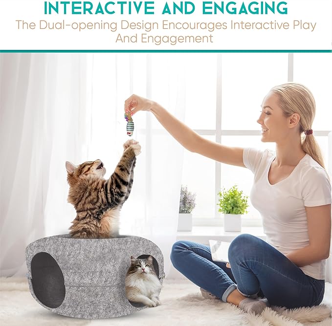 DMMC Cat Tunnel Bed, Detachable Donut Cave for Indoor Cats, Peekaboo Nest Donut for Large Cats, Hideaway Cave 2 Toys & 1 Hair Remover Brush - Washable Pet Tunnel Bed Scratch Resistant (24" Light Grey)