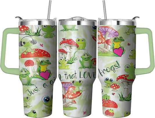 40 Oz Frog Tumbler with Handle and Straw - Double Wall Stainless Steel Insulated Coffee Mug - Leak Proof - Perfect Frog Gifts