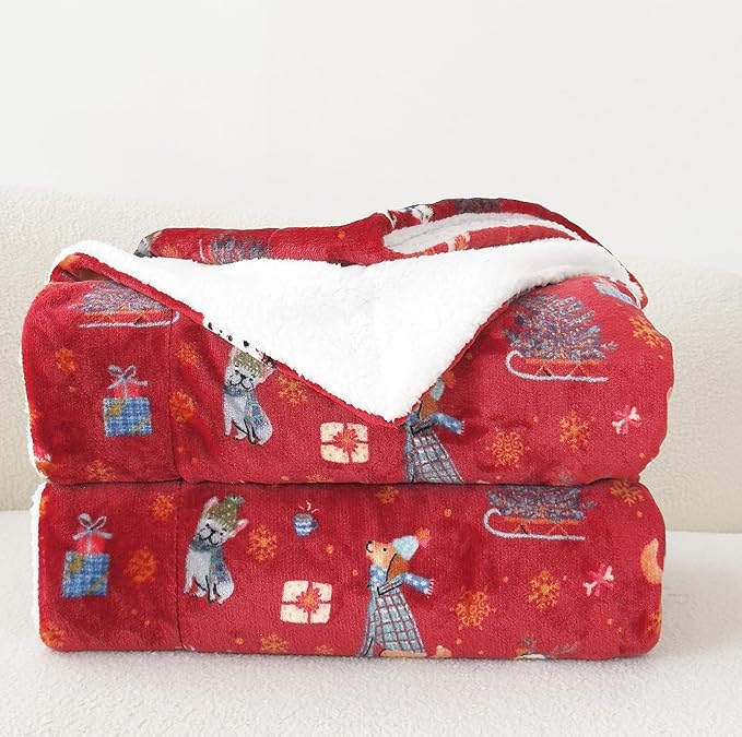 Elegant Comfort Reversible and Ultra-Plush Flannel Fleece-Winter Christmas Sherpa Throw- Lightweight Soft and Cozy-Holiday Decorative Throw, Perfect for Lounging, 50 x 60 inches, Winter Dogs