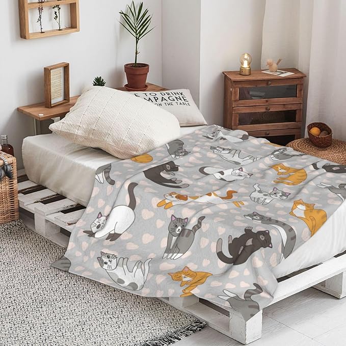 Cute Cat Kawaii Kitten Blanket, Soft Blankets Flannel Bed Throw Cozy Lightweight Plush Gifts for Kids Boys Girls Women Men Sofa Couch Bedroom Living Rooms Warm All Season, Home Decor, 60"x50"