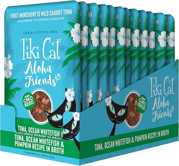 Tiki Cat Aloha Friends, Tuna, Ocean Whitefish & Pumpkin, Grain-Free & High Moisture, Wet Cat Food for All Life Stages 3 oz. Pouch (Pack of 12)
