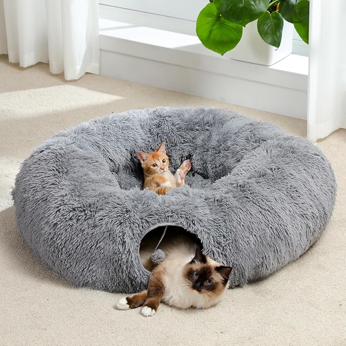 PAWZ Road Large Cat Tunnel, Cat Tunnel Bed with Central Soft Mat and Dangling Balls, Collapsible Fluffy Plush Cat Tube (9.8 Inches in Diameter) for Indoor Cats, Rabbits and Puppies