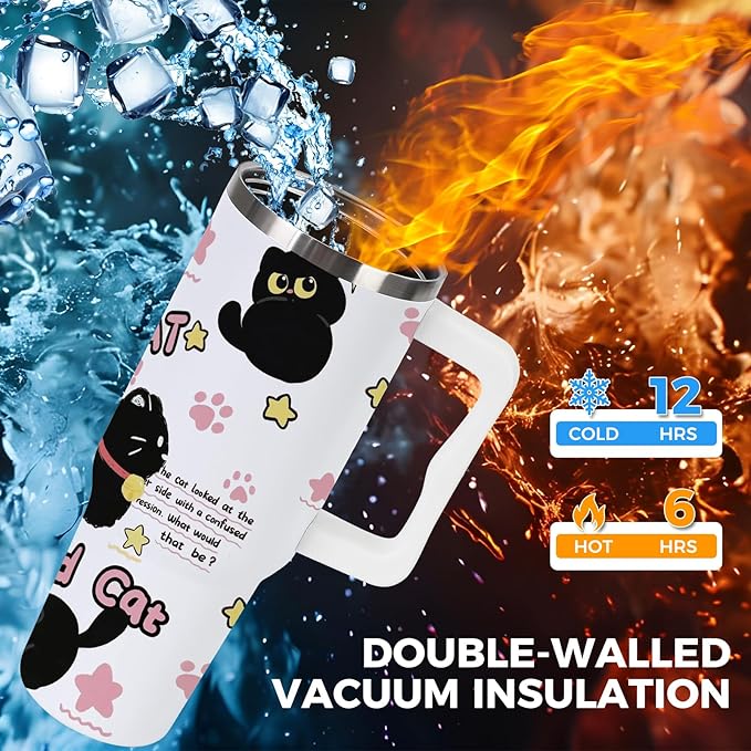 40 oz Tumbler with Handle and Lid, Cat Lover Gift for Women, Stainless Steel Coffee Mug Cat Cup with Handle Christmas Birthday Gift for Mom Wife Girls Insulated Tumbler