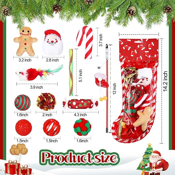 Christmas Cat Toys Stocking Set 12 Assorted Xmas Cat Toys Set with Squeaky Toys Balls Cat Teaser Fun Cat Toys Indoor Outdoor Interactivity Pet Kitten