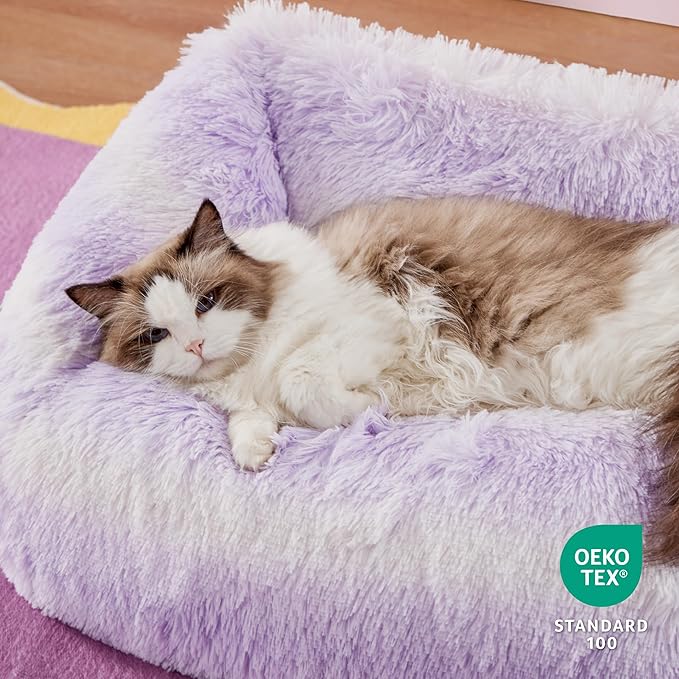 Lesure Cute Cat Couch Bed - Furry Indoor Cat Sofa Large, Washable Calming Small Dog Beds for Puppy with Fashion Design, 26x21x9inches, Purple Stripe