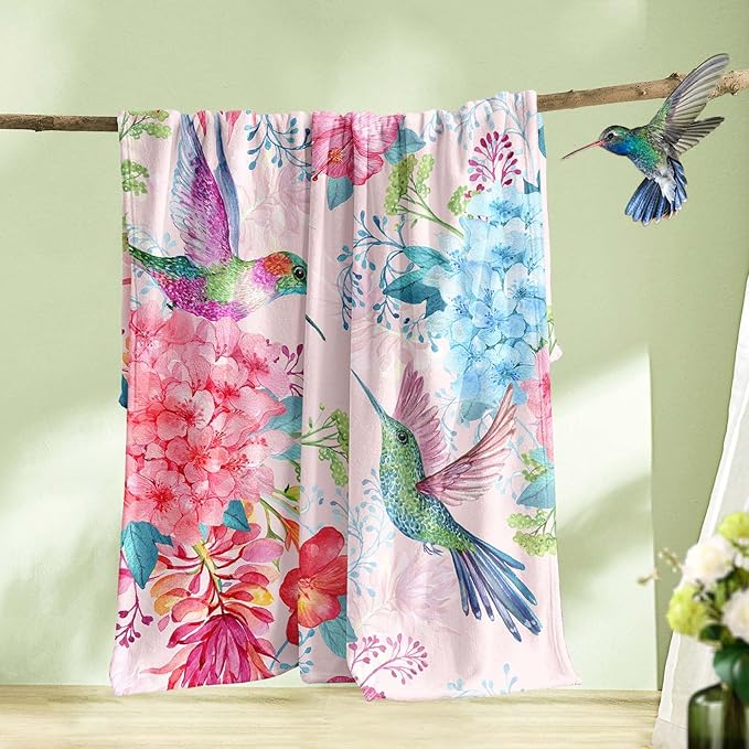 Floral Throw Blanket for Girls Women Colorful Birds Soft Fuzzy Flannel Bed Blanket for Adults Plush Watercolor Flowers Christmas Birthday Gifts,50x60”