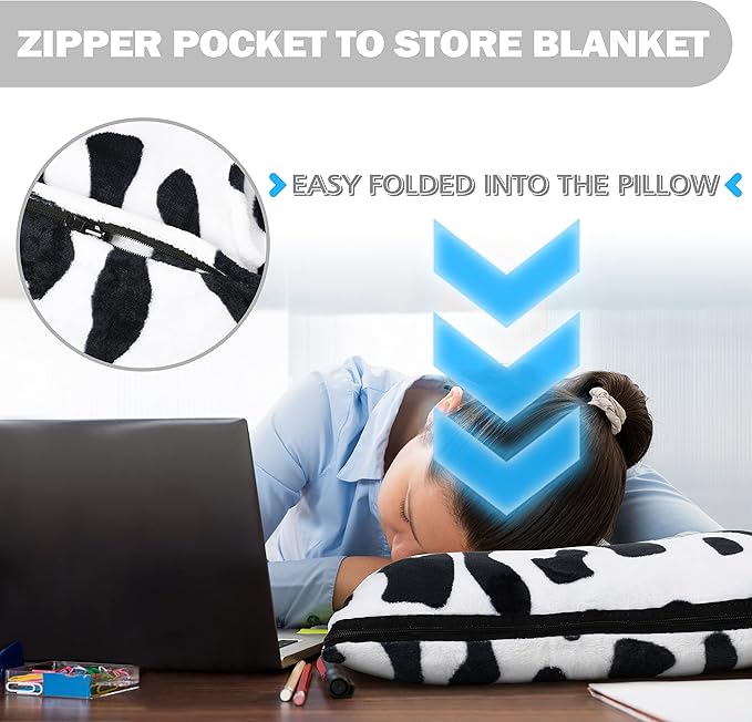 Solaris Travel Wearable Blanket with Sleeves, 2 in 1 Packable Airplane Pillow Blanket for Adult Women Men, Soft Cozy Warm Snuggy Body Blanket for Outdoor Indoor Home Lounge, Cow Print