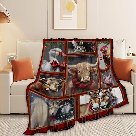 Christmas Blanket Highland Cow Farm Animal Throw Blanket Ultra Soft Cozy Fleece Goat Chicken Goose Duck Pig Donkey Gift Fuzzy Plush Bedding Blankets for Kids Adult Girls Boys Women Men 80"x60"