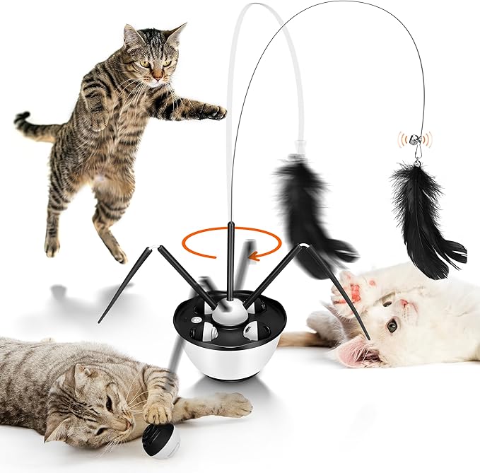Cat Toys for Indoor Cats Automatic Cat Toy Cat Dancer Interactive Cat Toy Kitten Toys with Feather Butterfly Ribbon Cat Wand Catnip Toys for Cats Enrichment USB Rechargeable (Black)