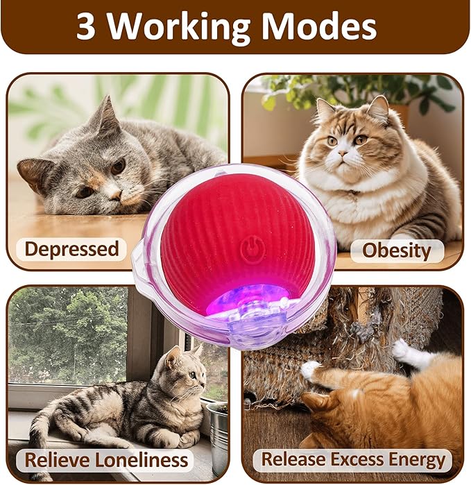 Interactive Cat Toys for Indoor Cats, Automatic Moving Fast Rolling Ball in Pouch, Motion Activated Hide and Seek Mouse Catching Game for Kitten (Red)