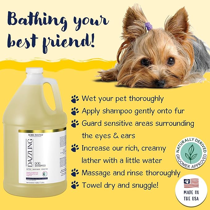 Bobbi Panter Dazzling Dog Shampoo for Moisture and Shine, Naturally Derived Ingredients, Tear-Free, Salt-Free, Paraben-Free, pH-Balanced, 20:1 Concentrated Formula, Argan Oil, Chamomile Scent, 13 oz.