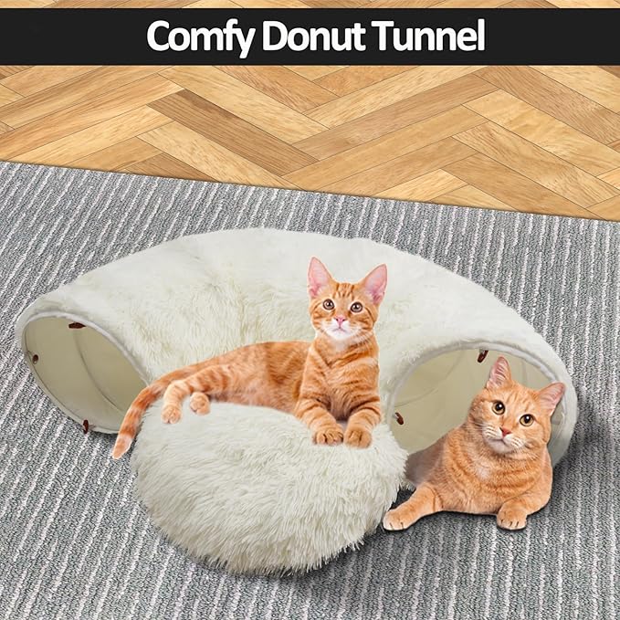 White Fluffy Warm Plush Cat Tunnel Bed, Soft Collapsible Multi-Combinations Cat Tube Playgound Toys, Cat Donut Tunnel for Indoor Cat Kitty Kitten Puppy Rabbit Ferret