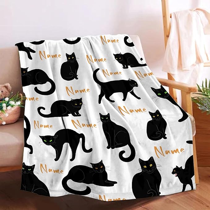 RAMEN BLANKET Custom Black Cats Blanket Throw Super Soft and Cozy Blankets for Home Decoration, Couch, Bed, Sofa 80 in x 60 in Large for Adult for All Seasons