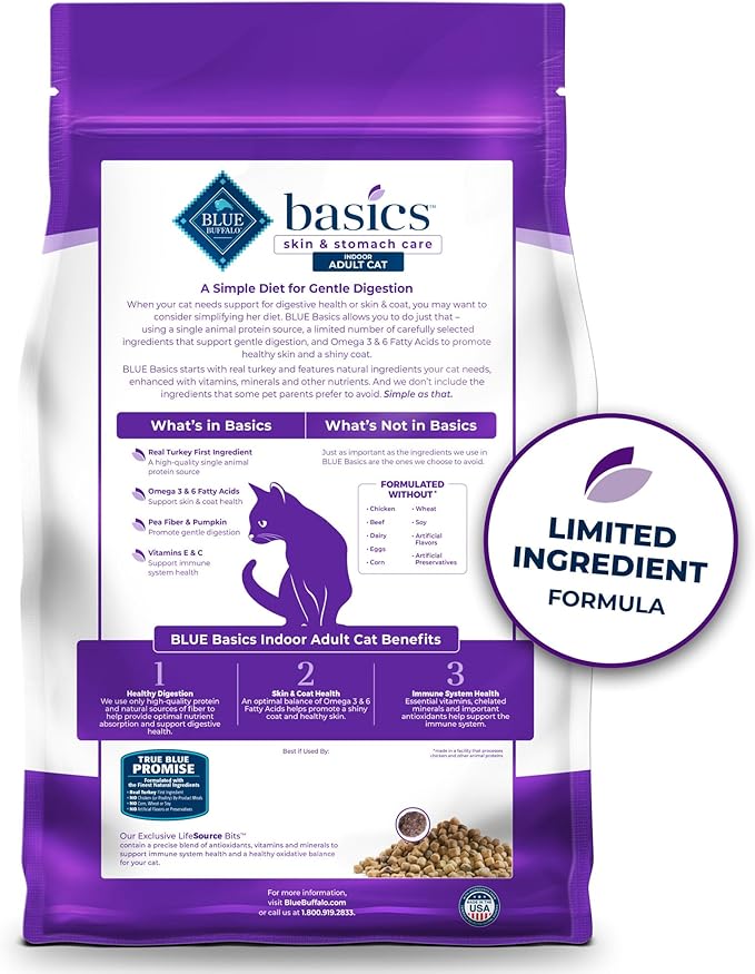Blue Buffalo Basics Grain-Free Dry Cat Food, Skin & Stomach Care, Limited Ingredient Diet for Indoor Cats, Turkey & Potato Recipe, 11-lb. Bag