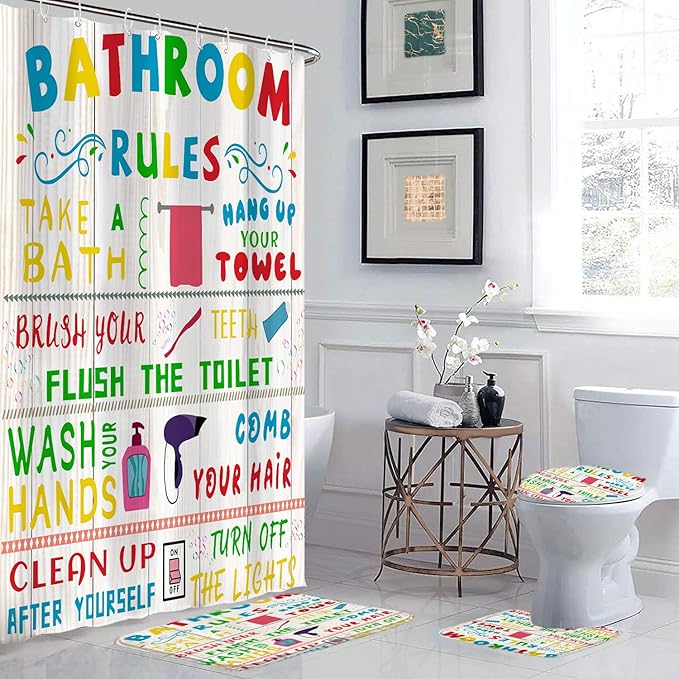 4 Pcs Kids Shower Curtain Sets with Non-Slip Rugs, Funny Teen Boy Girl with Inspirational Text, Cute Colorful Bathroom Rules Fabric Shower Curtain Restroom Bathtub Decor Accessories 72X 72in