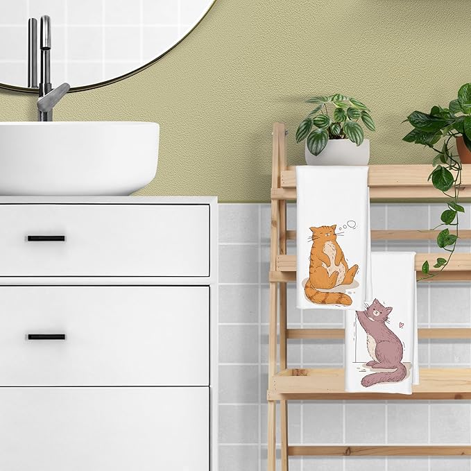 Cartoon Orange and Brown Cat Kitchen Towels Set of 2, Funny Cat Lover Mom Lady Gifts Dish Towels for Kitchen Decor, Cute Kitten Hand Towels for Bathroom Decor, 16x24 Inch