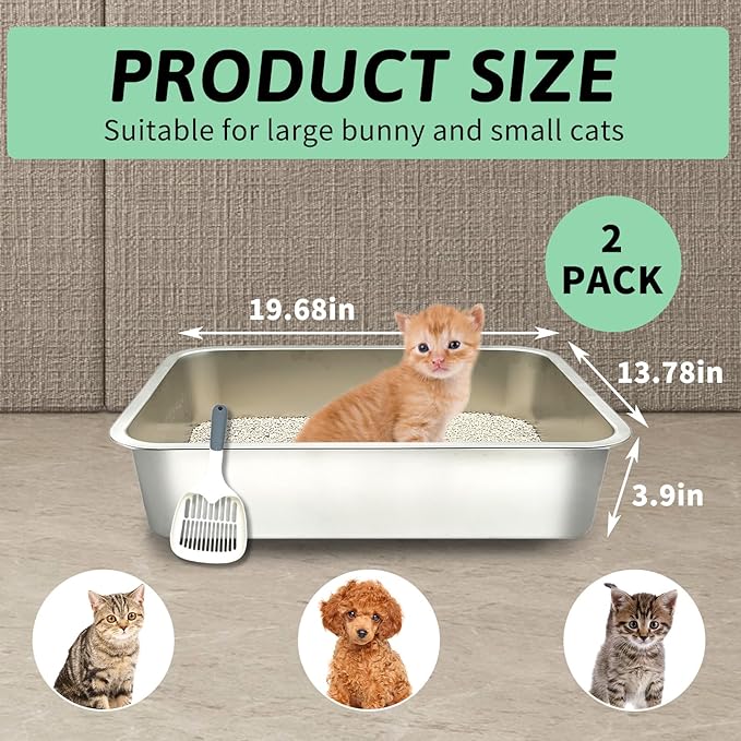 BNOSDM Large Stainless Steel Litter Box 2 Pcs Odor Control Cat Litter Pan, Non Stick Metal Pets Toilet Boxes with Litter Scoop for Big Cats Rabbits Puppy (19.7x13.8x4 in)