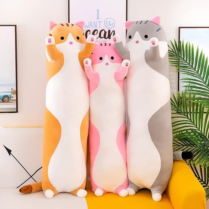 Cute Cat Plush Long Body Pillow, 43 inch Cat Stuffed Animals Plushie Toy Soft Throw Sleeping Cotton Kitten Pillow Gift for Kids Girls (Pink, 43.3")