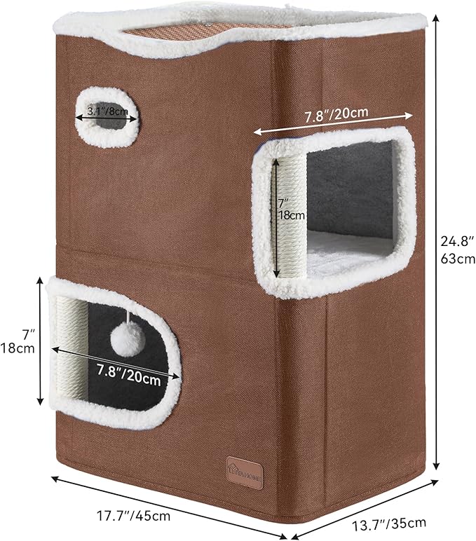 YITAHOME 2-Tier Cat House, Indoor Cat Cave Bed Playhouse, Flannel & Cool Mat, Covered Cat Beds with Scratch Pad and Hideaway Cave, Cute Modern Cat Condo Furniture for Multi Small Cats, Brown