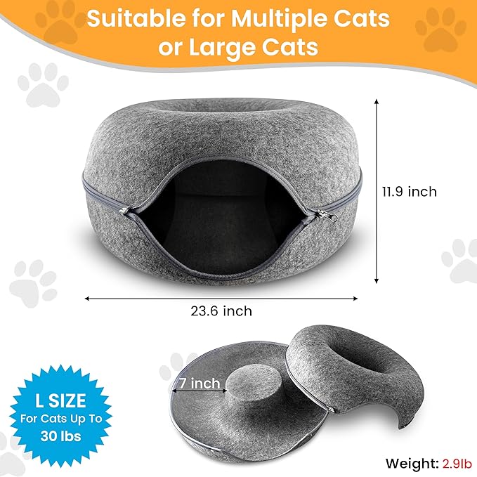 Cat Tunnel Bed – Large Cat Donut Tunnel with 12-Pcs Cat Toy Set – Soft Felt Cat Caves for Indoor Cats with Upgraded Zipper – Scratch-Resistant Cat Cave Bed – Comfortable Peekaboo Cat Cave