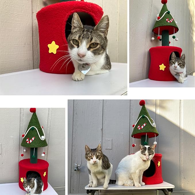 YITAHOME Cat Christmas Tree with Cat Scratching Post, 32 in Cute Cat Tree with Interactive Dangling Ball, Cat Tower for Indoor Cats with Small Cat Condos