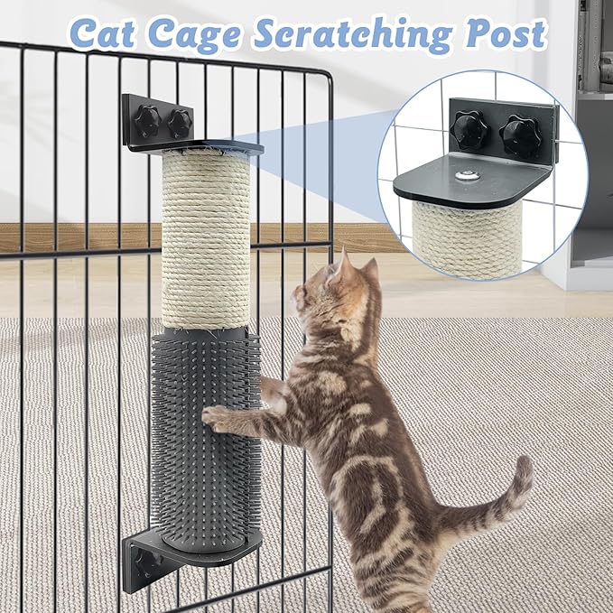 VCEPJH 2 Pack Cat Scratching Post Wall Mounted, 11.8 in Cage Mount Cat Scratcher with Self Groomer and Massager Sisal Crate Climbing Post for Indoor Kitten