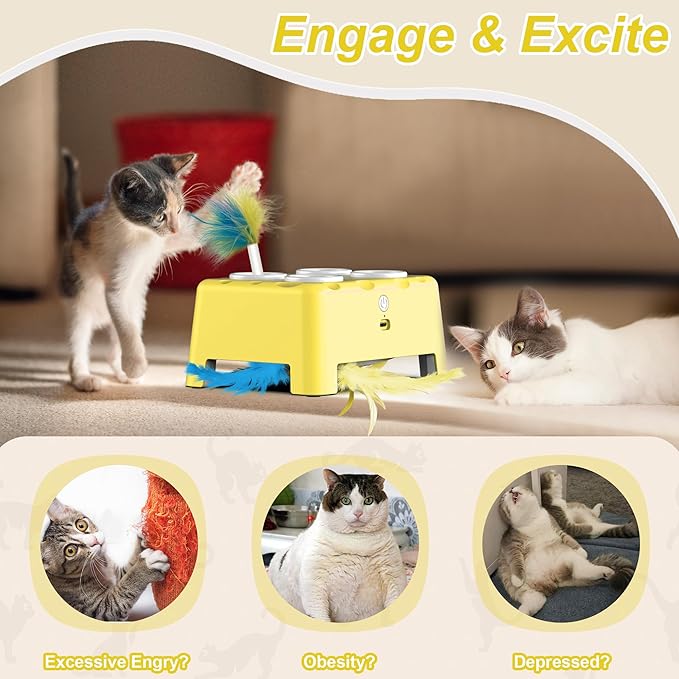 Cat Toys, Interactive Cat Toys, 2-in-1 Automatic Cat Toy, 4 Holes Mice Whack A Mole Cat Mouse Toy with Moving Feather, Portable USB Rechargeable Electronic Kitten Toys (Yellow)