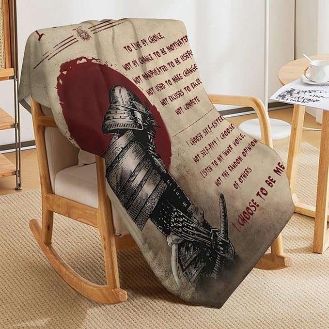 Japanese Samurai Warrior Throw Blanket I Choose Inspirational Quotes Print Blankets Gifts for Couch Sofa Bed Stuff Decor Soft Cozy Fleece Plush Flannel Bedding for Lover Men Women Adults 60"x80"
