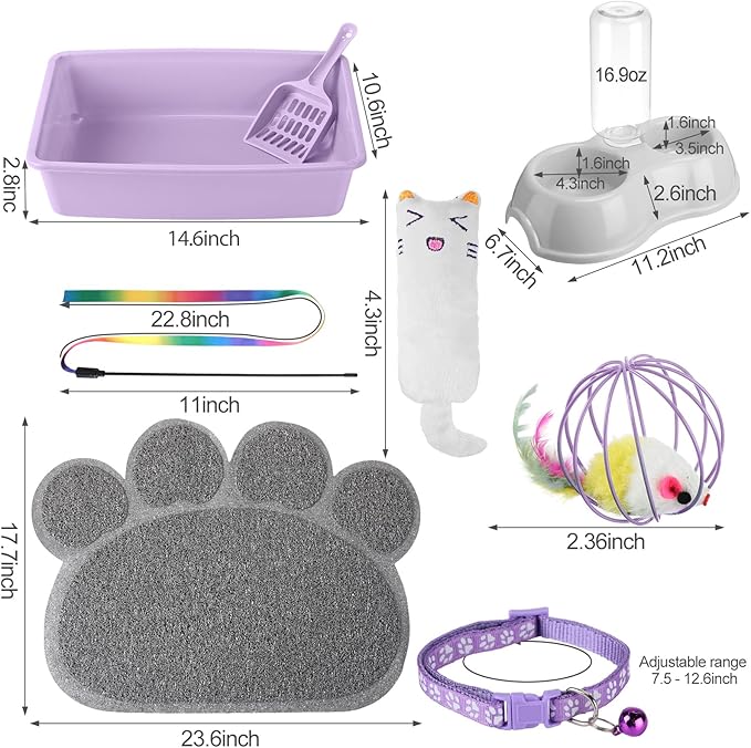 7 Pcs Small Cat Kitten Starter Kit Cat Litter Box with Shovel Cat Paw Litter Mat Double Automatic Cat Bowls Cat Toy Teaser Stick Cat Collar Essentials Kits for 1-3 Lbs Beginner (Purple,Simple)