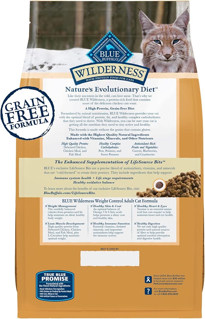Blue Buffalo Wilderness Weight Control High-Protein, Grain-Free Natural Chicken Dry Food for Adult Cats, 11 lbs.
