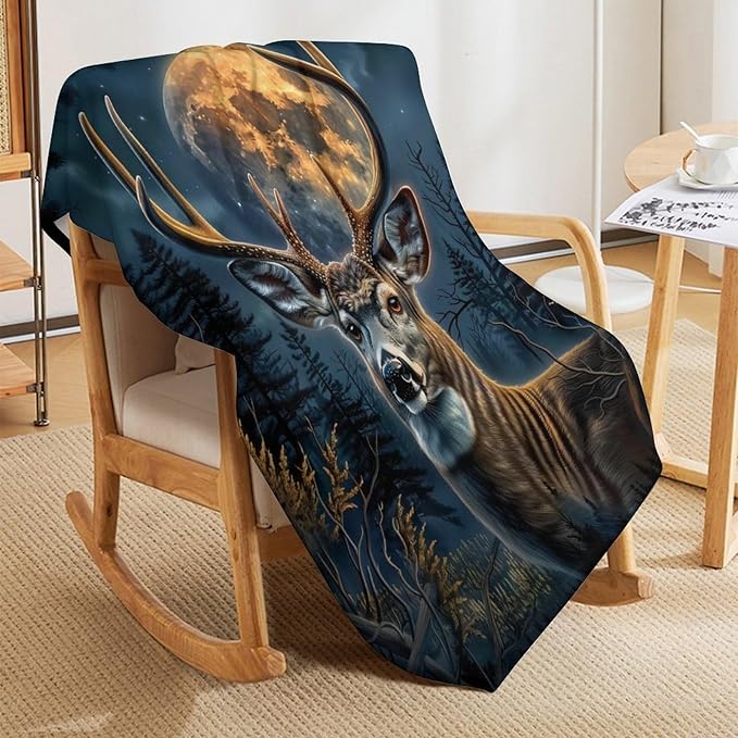 Deer Moon Hunting Print Blanket Wild Animal Country Nature Night Throw Blankets Gifts for Couch Sofa Bed Stuff Decor Soft Cozy Fleece Plush Warm Flannel Bedding for Lover Men Women 50"x60"