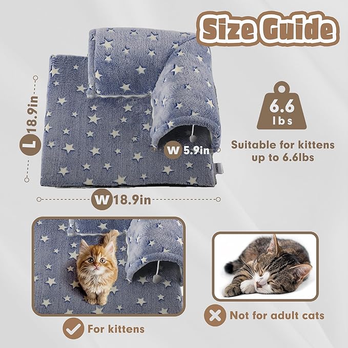 Kitten Tunnel Bed Mat, Glow in The Dark Kitten Bed for Indoor Kittens, Perfect Kitten Gift Toy with 3D Memory Foam, Detachable & Machine Washable, Non-Slip Bottom, Blue S