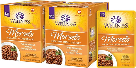 Wellness Healthy Indulgence Morsels Grain-Free Wet Cat Food, Made with Natural Ingredients, Quality Proteins, Complete and Balanced Meal, 3 oz Pouches (Chicken & Salmon, 24 Pack)
