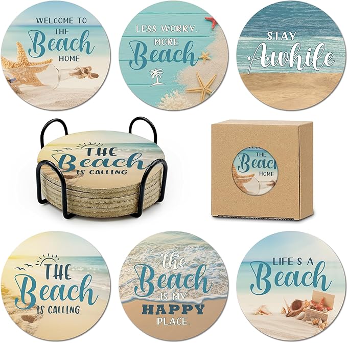 Beach Coastal & Ocean Sea Tropical Theme Cork Coasters for Drinks, Kitchen Decor and Gifts for Beach House and Home Beach Bar-Coasters for Wooden Table-Set of 6 with Holder