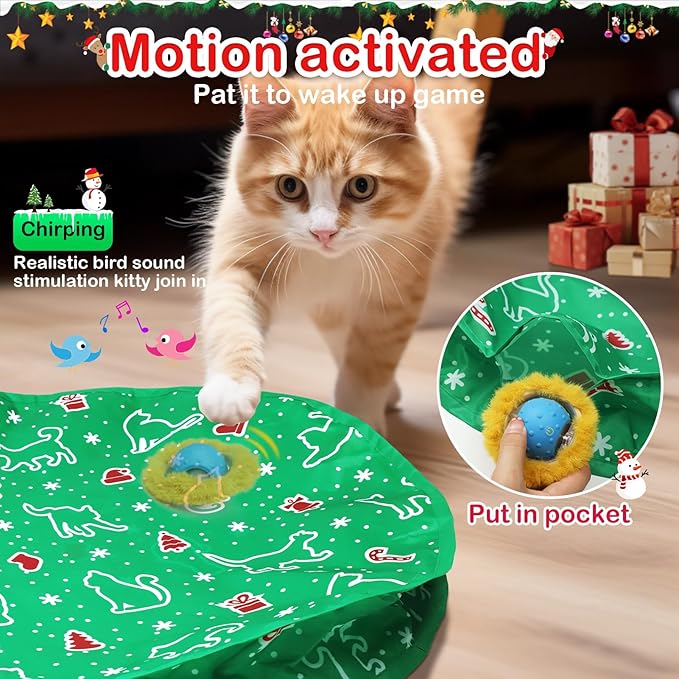 Interactive Cat Toys Ball Fast Rolling in Christmas Pocket, Motion Activate Chirping Cat Toy Hide and Seek Mouse Catching Game (Christmas Party)