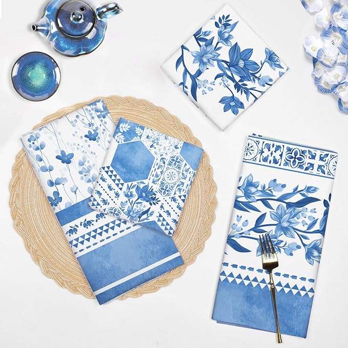 Blue Flower Tea Towels, 100% Cotton Kitchen Towel Set 20×27.5inch, Multi-Purpose Quick Dry Dish Towels Dishcloths Hand Towels Bar Towels(Set of 4)