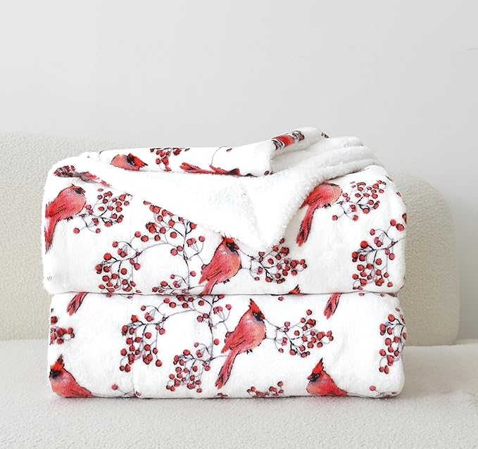 Elegant Comfort Reversible and Ultra-Plush Flannel Fleece-Winter Christmas Sherpa Throw- Lightweight Soft and Cozy-Holiday Decorative Throw, Perfect for Lounging, 50 x 60 inches, Red Cardinal