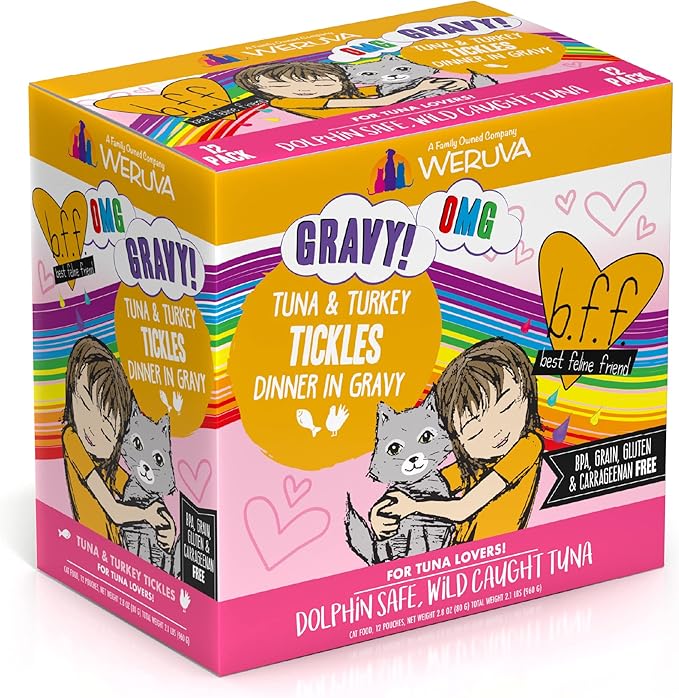 Weruva B.F.F. OMG - Best Feline Friend Oh My Gravy!, Tuna & Turkey Tickles with Tuna & Turkey in Gravy Cat Food, 3oz Pouch (Pack of 12)