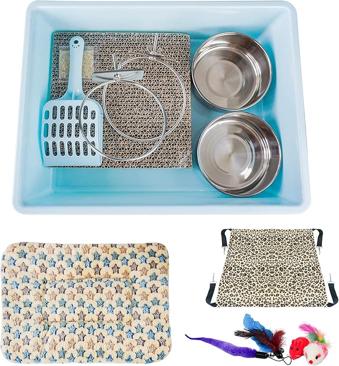 13pcs Kitten Litter Box Starter Kit for Cat Cage Indoor, Kitty Litter Box Low Entry & Cat Litter Scoop, Cat Hammock & Soft Bed Mat,Cat Scratching Pad,Stainelss Steel Food Bowl,Kitten Toys