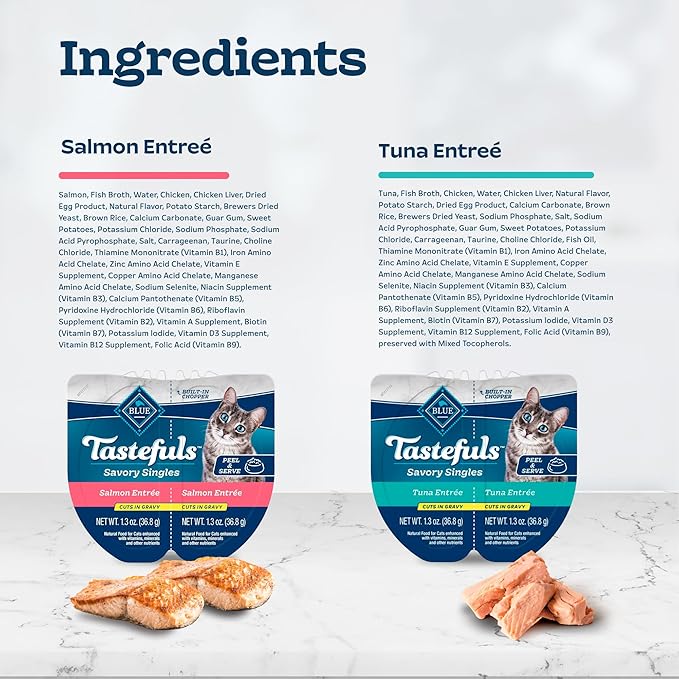 Blue Buffalo Tastefuls Savory Singles Natural Wet Cat Food Variety Pack, Salmon & Tuna Cuts in Gravy, 2.6-oz. Twin-Pack Trays (24 Count, 12 of Each)