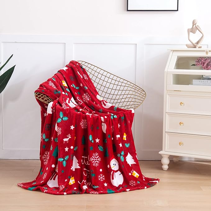 Elegant Comfort Velvet Touch Ultra Plush Christmas Holiday Printed Fleece Throw/Blanket-50 x 60inch, (Red Snowman), 50 x 60 inch