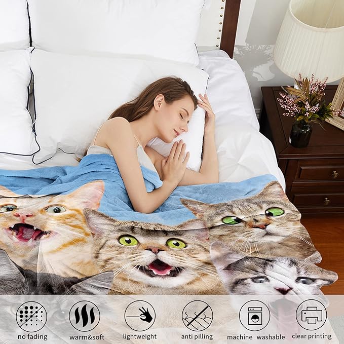 Cartoon Selfie Cat Flannel Fleece Bed Blanket, Kitten Fleece Throw Blanket for Cat Lovers, Cat Blankets for Women, Men and Kids Super Soft Plush Cat Blanket Throw for Sofa Couch Bedroom(60" X 80")