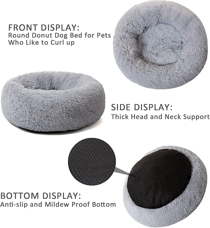Large Dog Bed, Calming Donut Round Cat Bed for Medium Pet, Comfy Luxury Cuddler Anti Anxiety Plush Furry Cusion Mat(Grey 31.5")