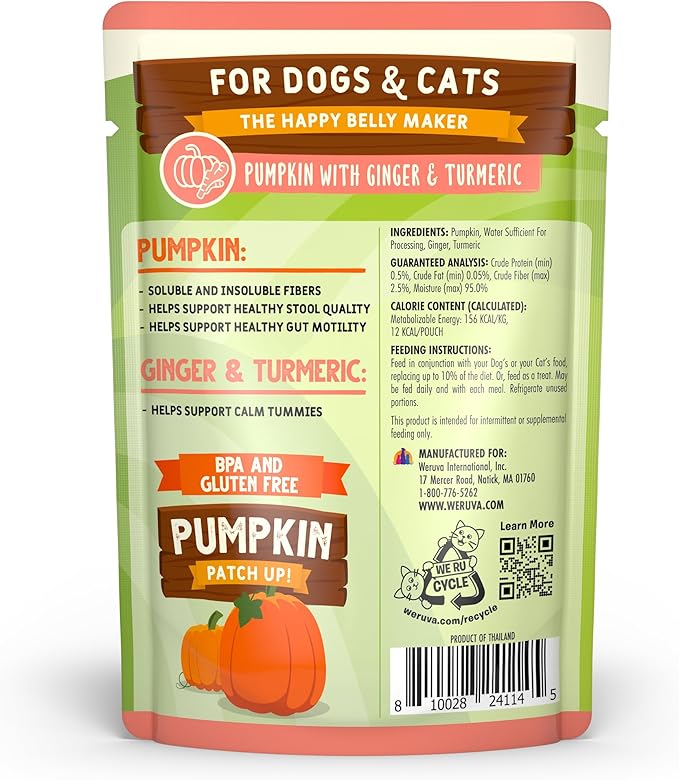 Weruva Pumpkin Patch Up!, Pumpkin with Ginger & Turmeric for Dogs & Cats, 2.8oz Pouch (Pack of 12)