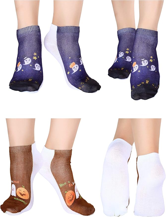 Boao 6 Pieces Christmas Socks 3D Print Short Casual Funny Halloween Pumpkin Cat Ankle Socks