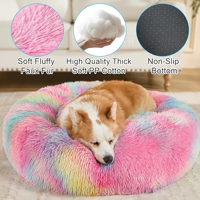 Dog Bed Calming Dog Beds for Small Medium Large Dogs - Round Donut Washable Puppy Dog Bed, Anti-Slip Faux Fur Fluffy Donut Cuddle Anxiety Cat Pet Bed(24'' Color)